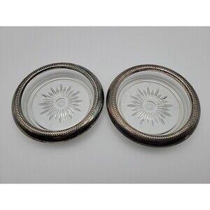 Vintage Leonard Crystal & Silverplate Coaster Ashtray Sunburst Set of 2